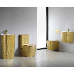 Luxury Gold Textured Bathroom Suite: Floor-Standing & Wall-Hung Toilet and Basin Set